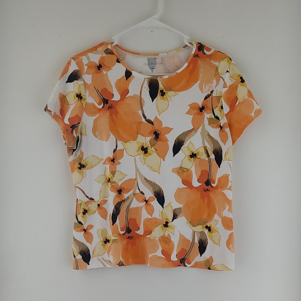 Croft & Barrow Size: Large Floral Orange Women's Top